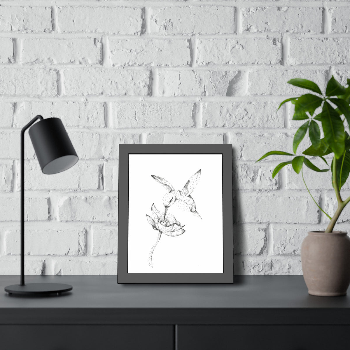 Framed Hummingbird Floral Dotwork Art Print — Black Frame