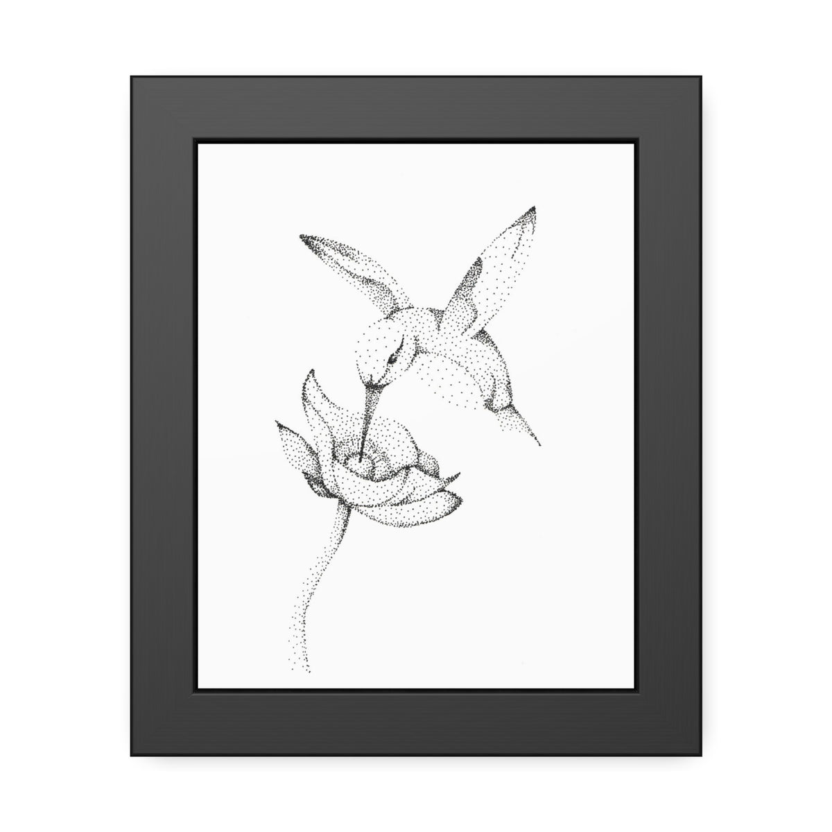 Framed Hummingbird Floral Dotwork Art Print — Black Frame
