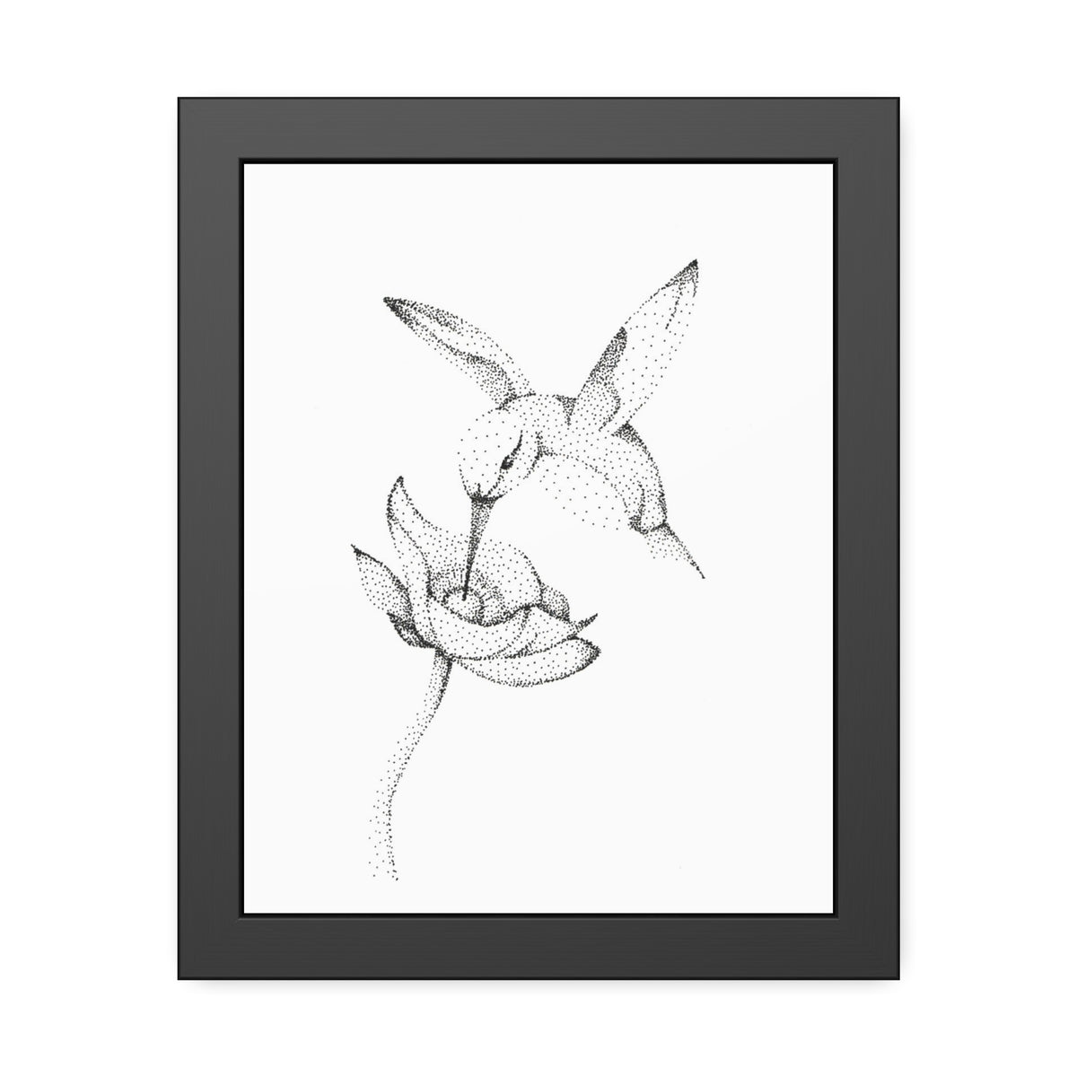 Framed Hummingbird Floral Dotwork Art Print — Black Frame