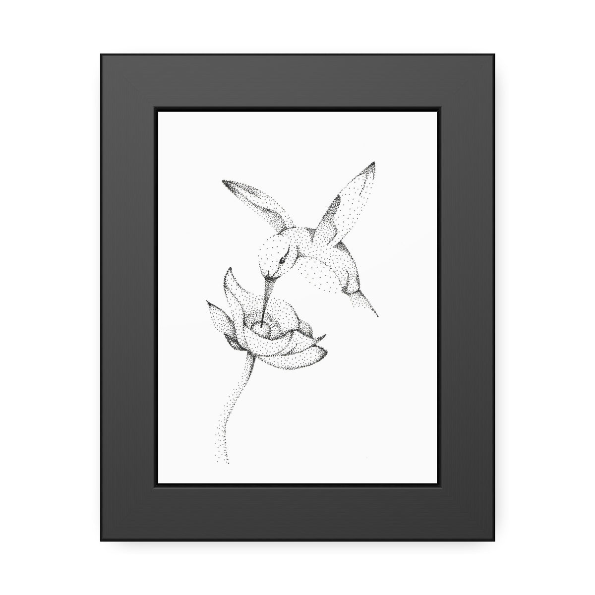 Framed Hummingbird Floral Dotwork Art Print — Black Frame