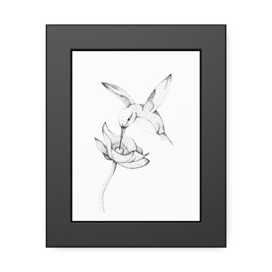 Framed Hummingbird Floral Dotwork Art Print — Black Frame
