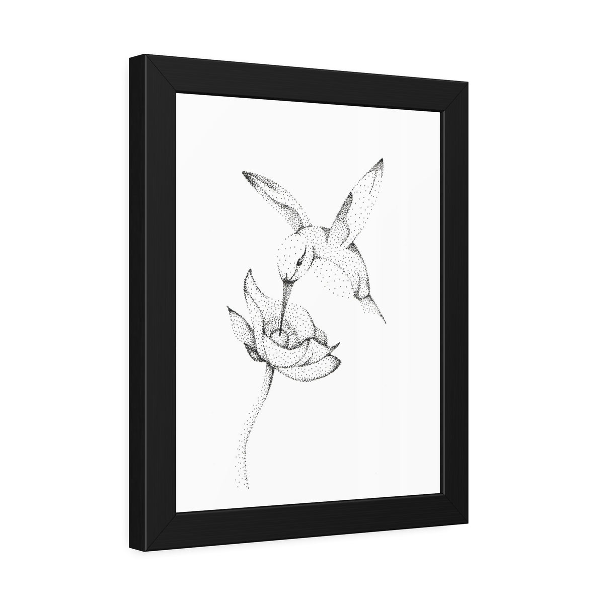 Framed Hummingbird Floral Dotwork Art Print — Black Frame
