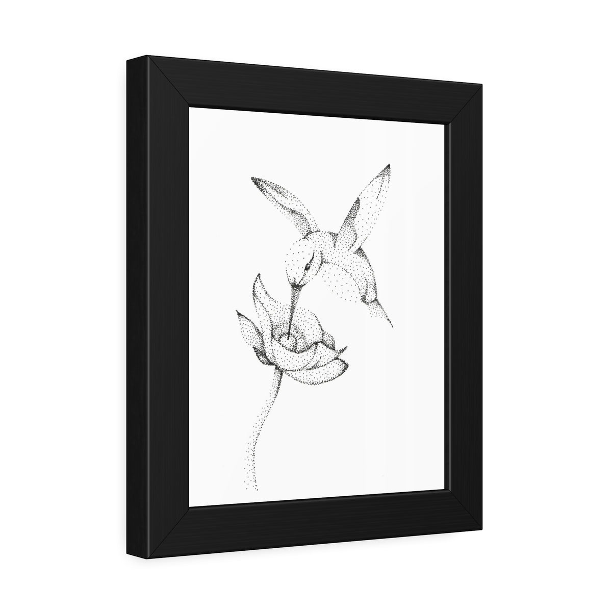 Framed Hummingbird Floral Dotwork Art Print — Black Frame