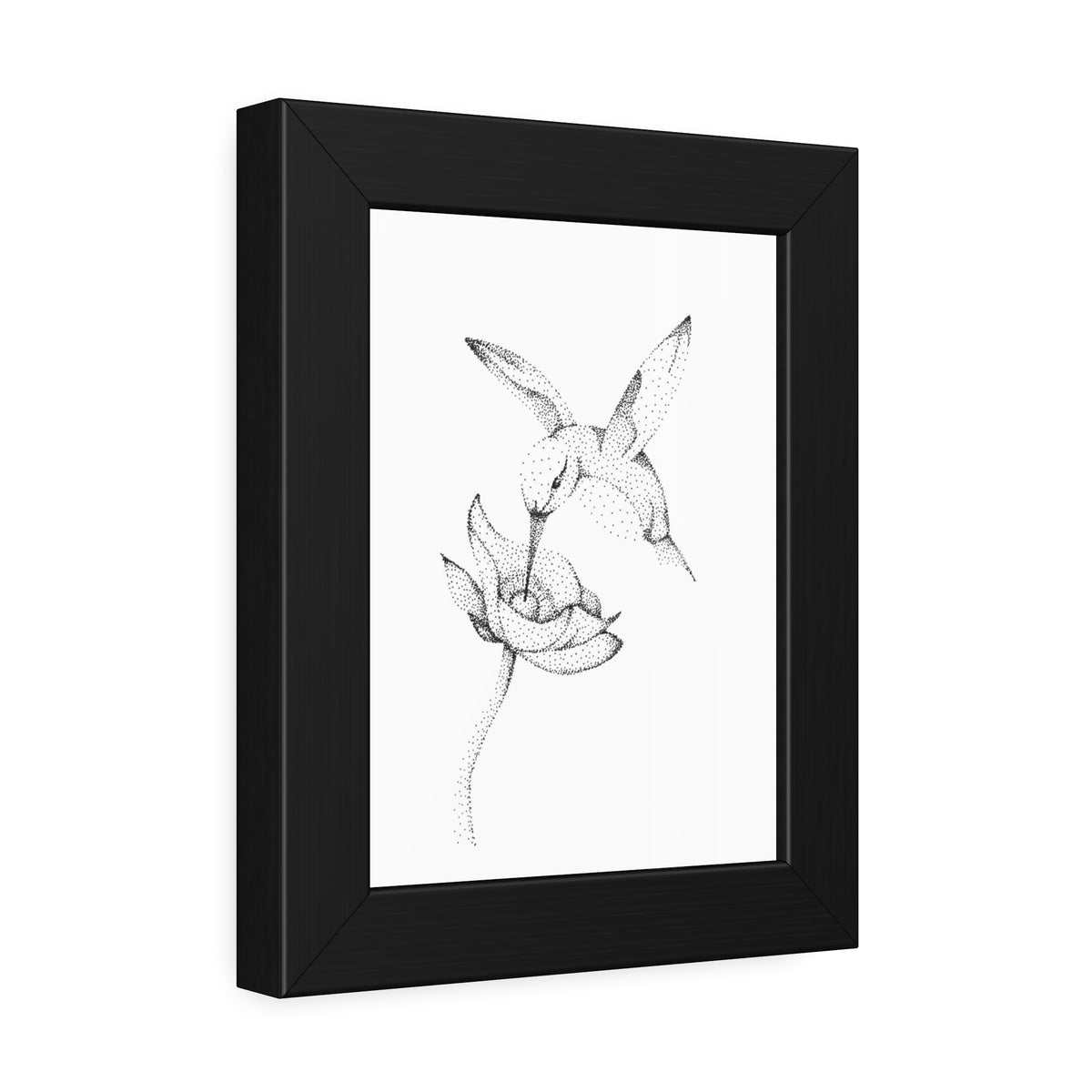 Framed Hummingbird Floral Dotwork Art Print — Black Frame